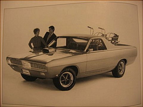 1967 Ford Ranchero - A 1967 Ford Ranchero pickup truck is shown with a hood scoop and two people standing beside it, while bicycles are loaded in the bed.