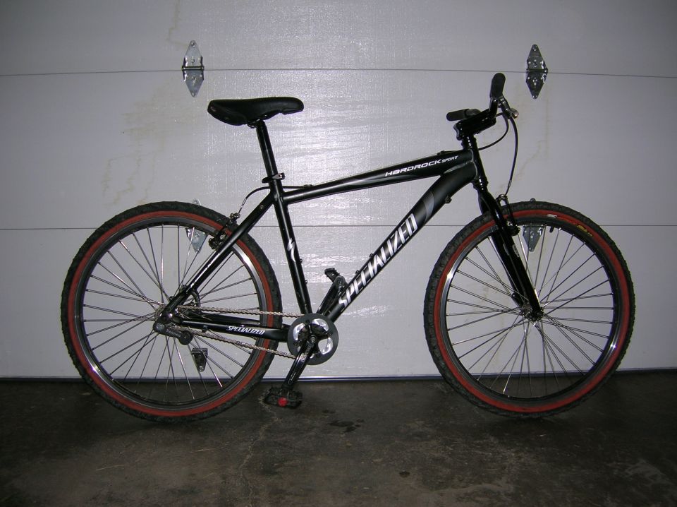 Black Specialized Hardrock mountain bike, side view