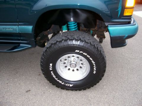 1994 Ford Explorer - Close-up of the front wheel and fender of a green 1994 Ford Explorer.