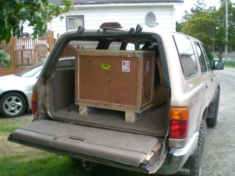 1995 Ford Probe - A tan SUV is parked with its tailgate open, revealing a large wooden crate secured inside. A second vehicle is partially visible to the lef…
