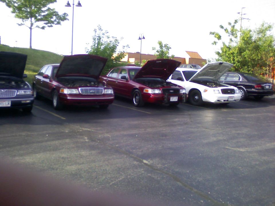 Row of full-size sedans with hoods open in a parking lot