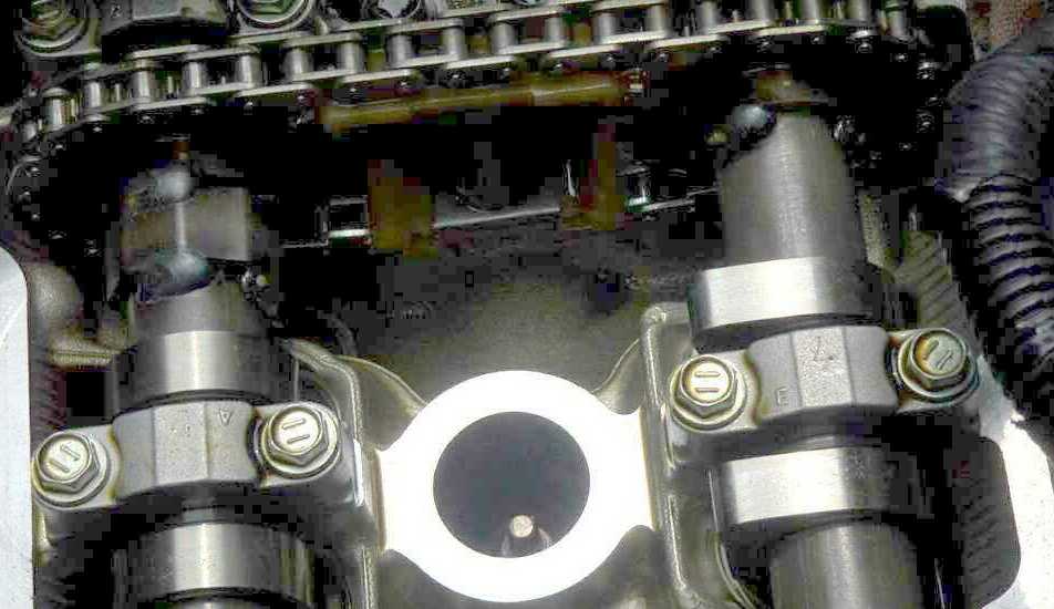 Engine camshafts and timing chain close-up