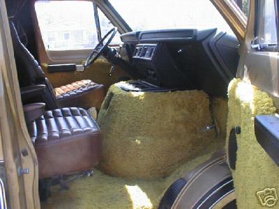 1978 Ford E250 - The interior of a 1978 Ford E250 van features brown vinyl seats and extensive yellow shag carpeting.