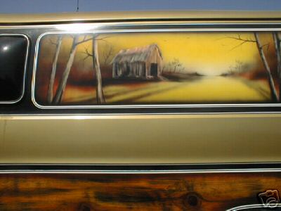 1978 Ford E250 - This van features a custom airbrushed scene of a rustic barn at sunset on its side panel.