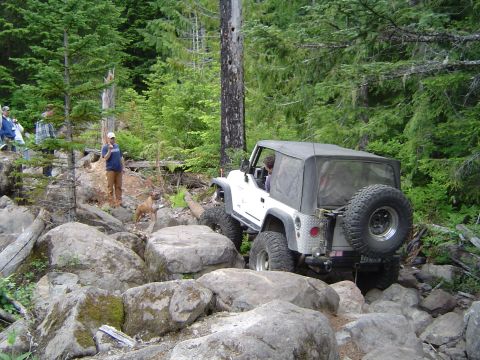 1989 Ford Bronco - A white Jeep Wrangler navigates a challenging rocky trail through a dense forest.