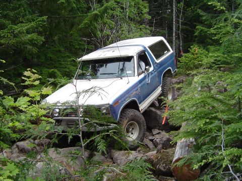 1989 Ford Bronco - Ford Bronco navigating a challenging rocky path through a dense forest.