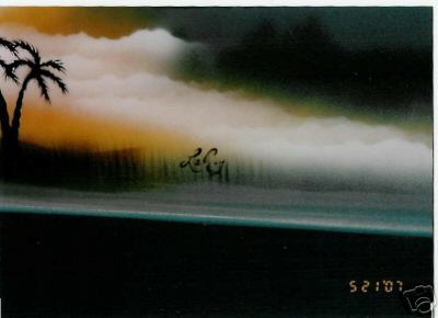 1978 Ford E250 - A spray-painted scene depicts palm trees silhouetted against a cloudy sky over water, with visible text.