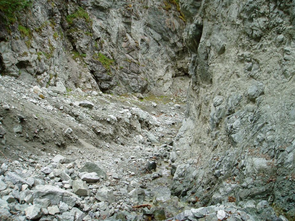Rocky ravine with scattered boulders and sparse vegetation