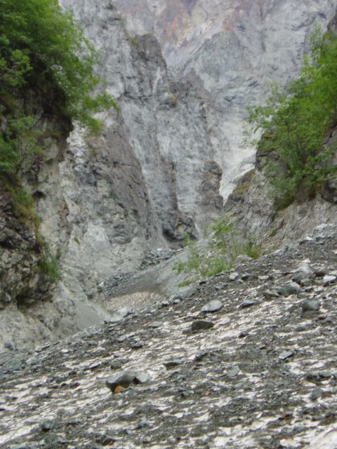 2000 Ford E350 - A view into a rocky mountain gorge with vegetation on the slopes.