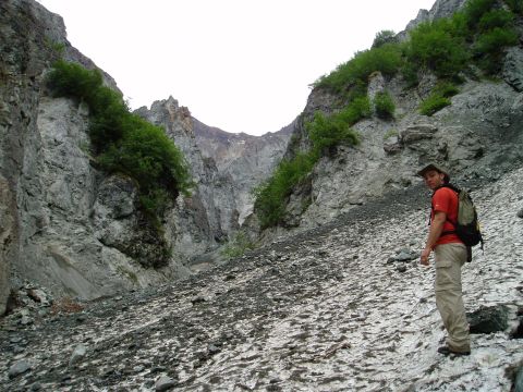 2000 Ford E350 - A person stands in a desolate, rocky canyon with steep, vegetated walls.