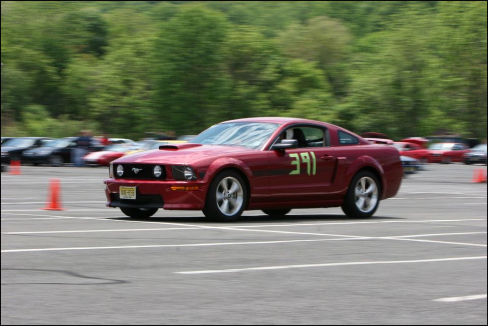 Red Ford Mustang with number 391 on door, driving on a track with other cars in background