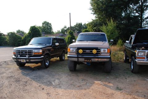 1996 Ford Bronco - Three Ford Broncos are parked together outdoors on a sunny day, showing off their front ends.
