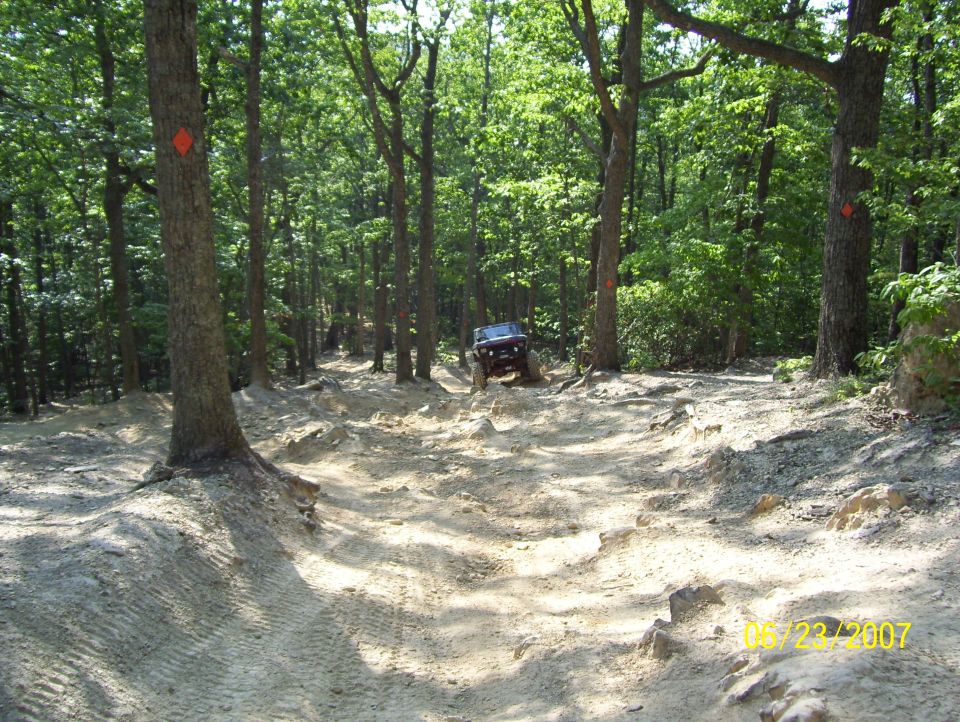 Dark SUV navigating a rocky forest trail