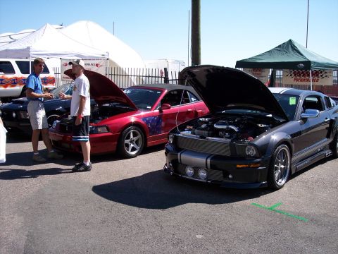 1972 Ford Ranchero - Two Ford Mustangs are displayed with their hoods open, their engines at an outdoor event.