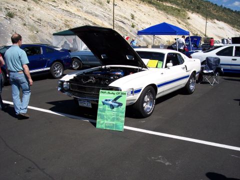 1972 Ford Ranchero - White 1969 Shelby GT500 displayed with hood open at an outdoor car show.