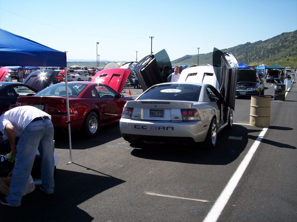 Silver 2001 Ford Mustang Cobra with butterfly doors open, red Mustang in background