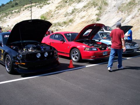 1972 Ford Ranchero - Multiple Ford Mustangs are displayed with their hoods open at an outdoor event.