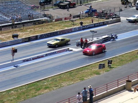 1972 Ford Ranchero - A yellow muscle car competes on the drag strip at Bandimere Speedway.