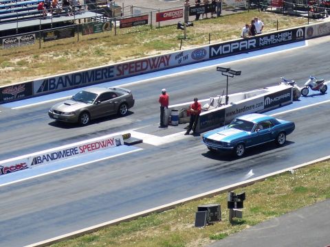 1972 Ford Ranchero - Two Mustangs prepare for a drag race at Bandimere Speedway.