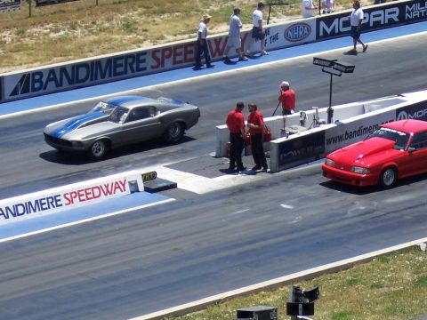 1972 Ford Ranchero - Two cars prepare for a drag race at Bandimere Speedway.