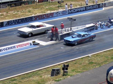 1972 Ford Ranchero - Cars line up at the start of a drag race at Bandimere Speedway.