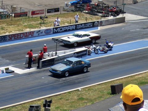 1972 Ford Ranchero - Two cars and motorcycles prepare for a drag race at Bandimere Speedway.