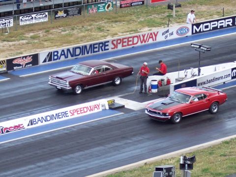 1972 Ford Ranchero - Two classic American muscle cars prepare for a drag race at Bandimere Speedway.