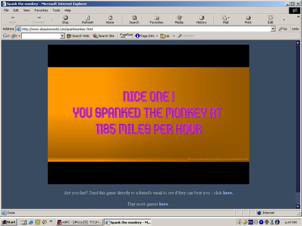 web page showing 'NICE ONE! YOU SPANKED THE MONKEY AT 1185 MILES PER HOUR'