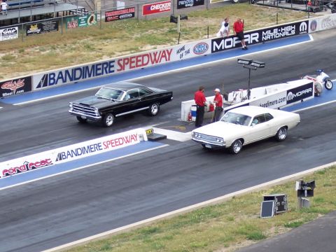 1972 Ford Ranchero - Two classic Ford coupes compete on the drag strip at Bandimere Speedway.