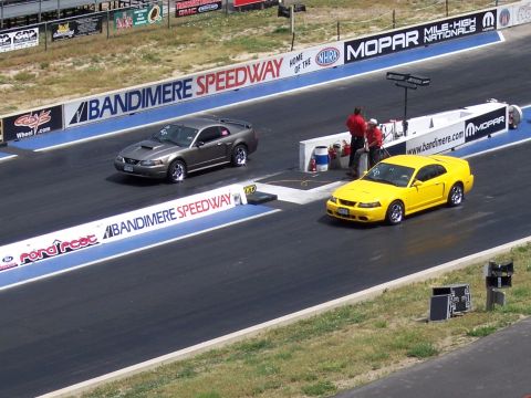 1972 Ford Ranchero - Two Ford Mustangs compete at Bandimere Speedway during Ford FEST.