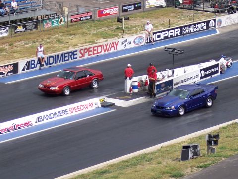 1972 Ford Ranchero - Cars line up at the starting line for a drag race at Bandimere Speedway.