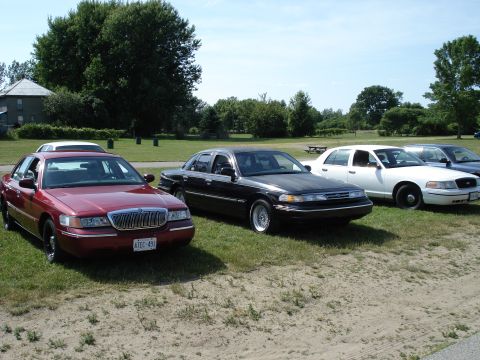2000 Ford Crown Victoria - Three Ford Crown Victorias are parked in a grassy area under a clear sky.