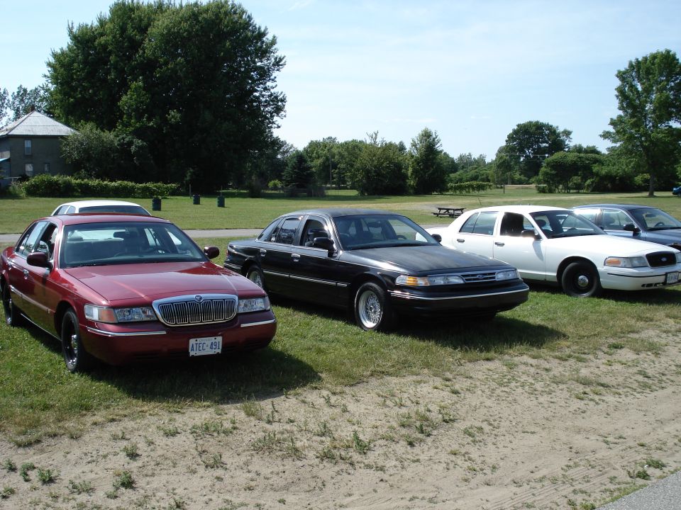Black Ford Crown Victoria parked on grass, front 3/4 view. Visible license plate reads ATEC-491