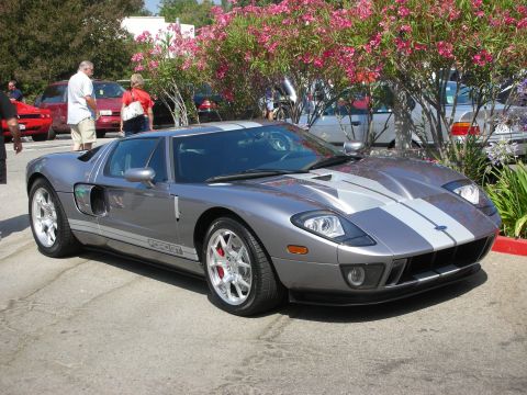 1998 Ford Crown Victoria - A gray Ford GT with dual silver racing stripes is parked outdoors, with other vehicles and flowering bushes in the background.