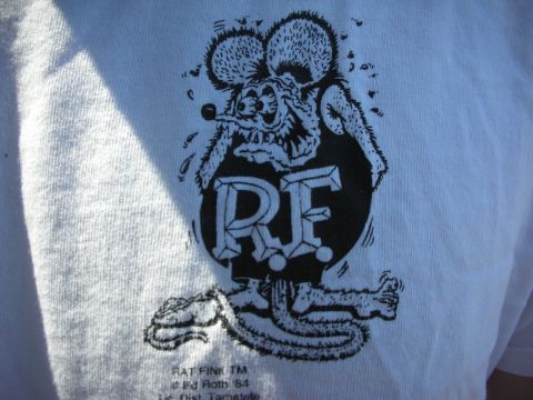 1998 Ford Crown Victoria - A close-up of a t-shirt the iconic Rat Fink character, designed by Ed Roth.