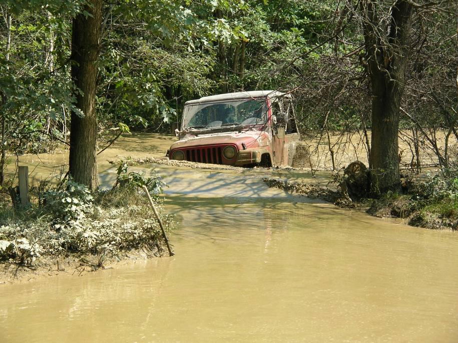 2003 Jeep Wrangler stuck deep in muddy water with trees on either side