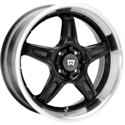 1996 Ford Probe - A close-up view of a black five-spoke wheel with a polished lip and a 'MOTEC RACING' center cap.
