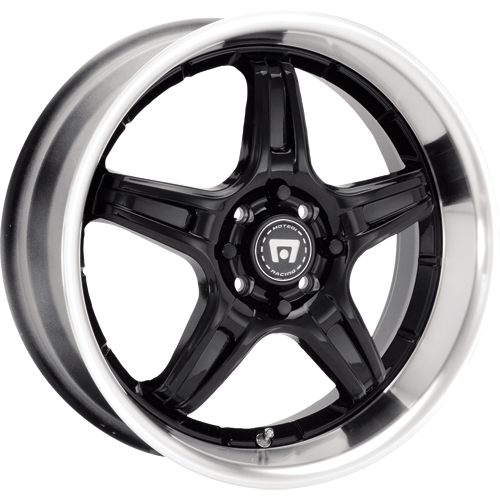 Black five-spoke wheel with a polished lip and a center cap reading 'MOTEC RACING'