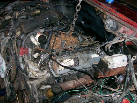 1982 Ford Bronco - Close-up view of a complex engine bay, showing various mechanical parts and wiring harnesses.