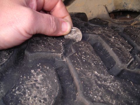2003 Jeep TJ - Tire tread depth is checked using a dime to gauge wear on the tire.