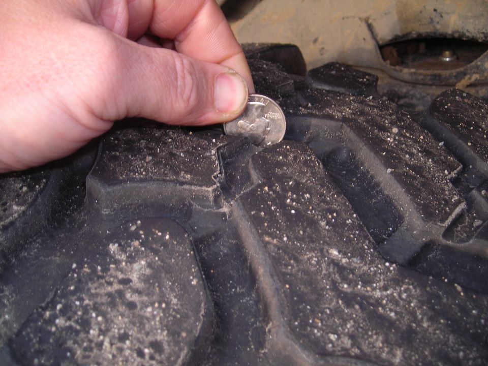 Close-up of tire tread depth being measured with a dime