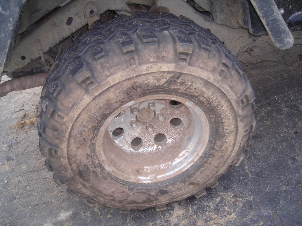 muddy off-road tire and wheel on a vehicle, showing the tread and rim