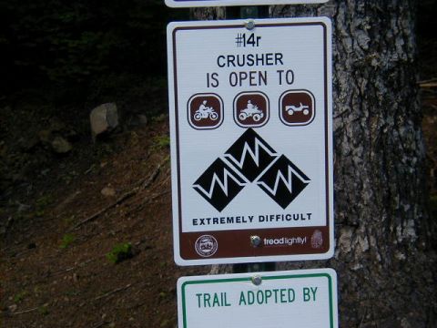 1994 Ford Explorer - Trail sign for #14r Crusher, marked as extremely difficult.
