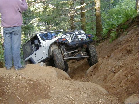 1994 Ford Explorer - A white Jeep Wrangler tackles a challenging off-road course in a wooded area.