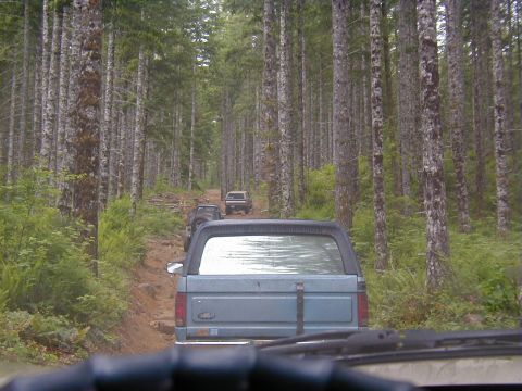1994 Ford Explorer - Multiple SUVs drive down a wooded dirt road, with the rear of a light blue SUV in the foreground.