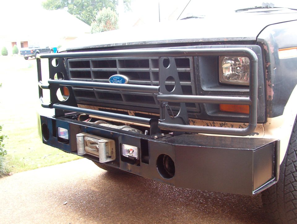 Custom steel front bumper and grille guard on a Ford truck