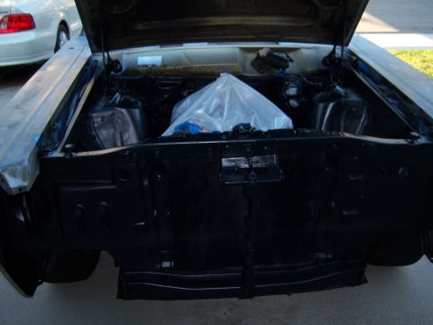 1967 Ford Ranchero - removed the grill, exhaust manifolds, wiring harness, bumper, battery, horns, batt tray and repainted the engine compartment