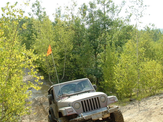 Tan 2003 Jeep Wrangler on a dirt trail with an orange flag