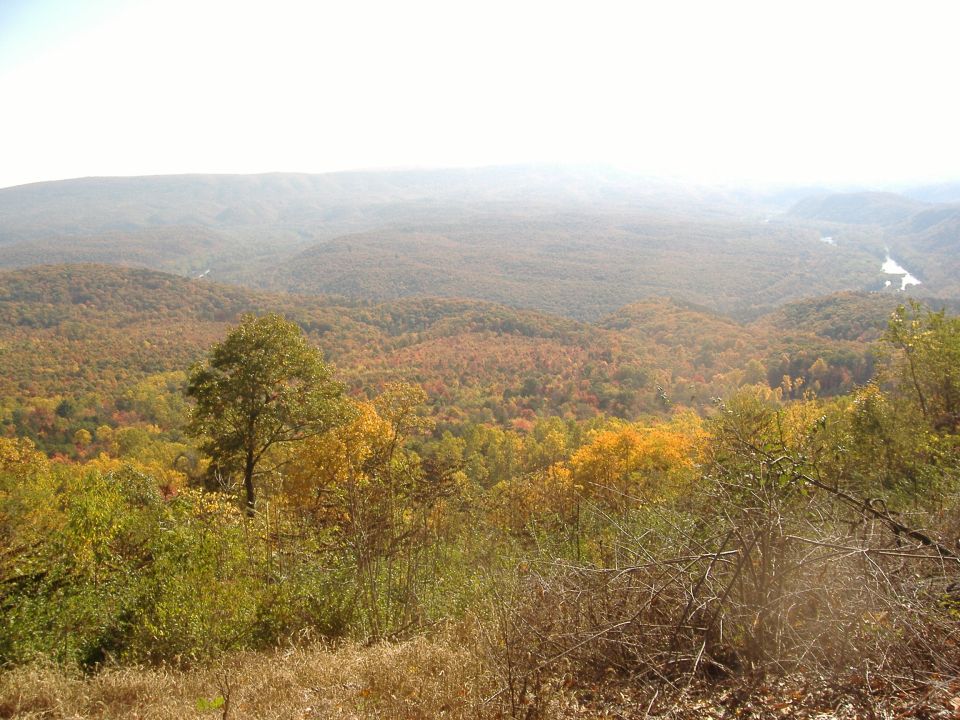 Hazy mountain landscape with trees in autumn colors and a distant river