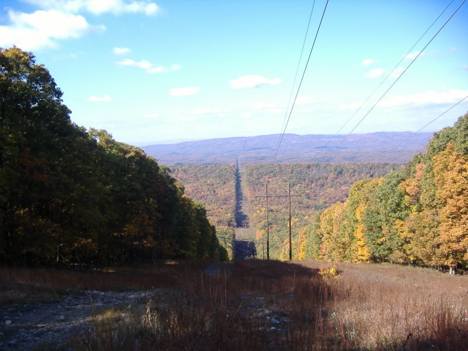 Power lines stretch across a valley with autumn foliage and distant mountains under a blue sky